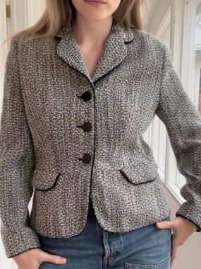 Ann Taylor Tweed Blazer Jacket Petite 4P Black White Classic Button